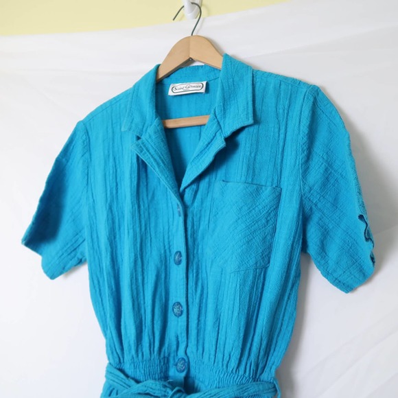 Vintage 80s Saint Germain Paris turquoise blue gauze jumpsuit Large - Picture 2 of 10